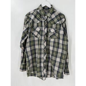 Wrancher Vintage Button Down Shirt Mens XLT Green Blue Plaid Long Sleeves Pocket